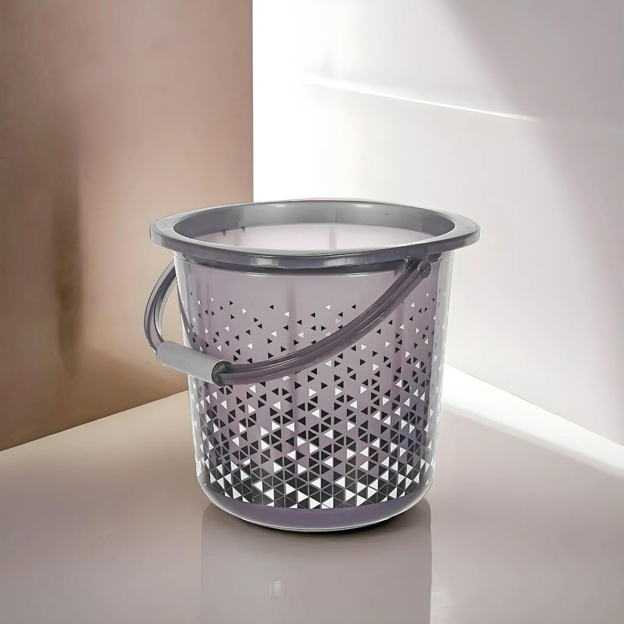 Unbreakable Plastic Triangle Print Bucket For Home  Bathing With Handle 18 Ltr Pack Of 2 Black 54KM3937