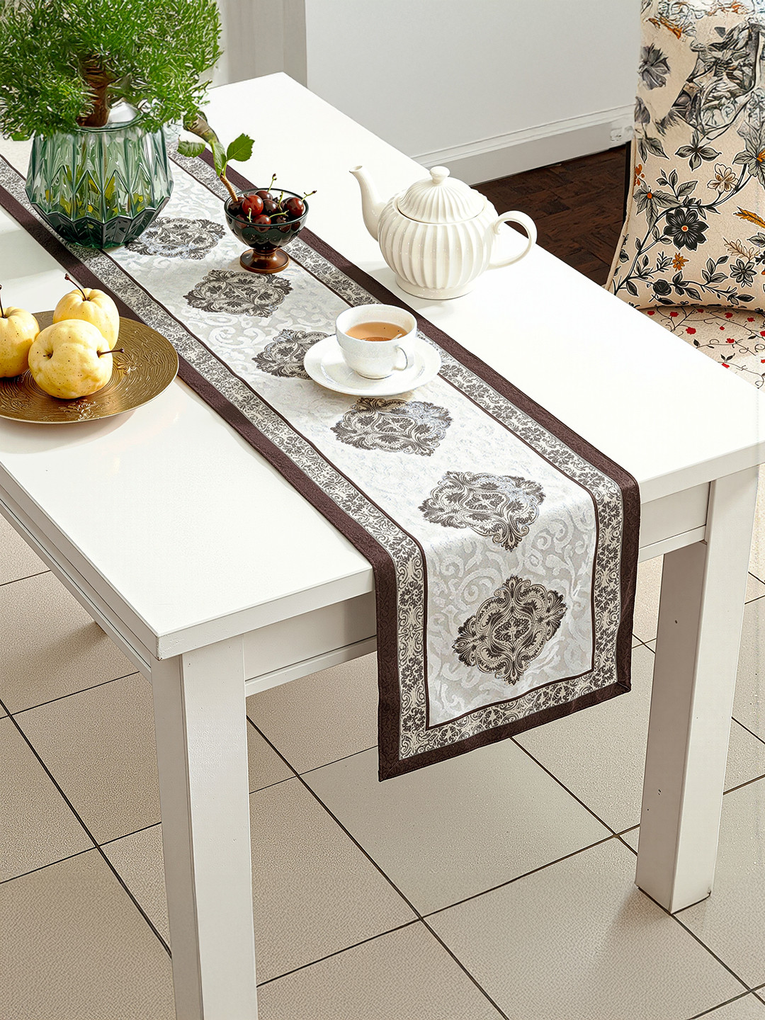 Velvet 13x72 Inch Heavy Table Runner for Home Decor  6 Seater Dining Table Place Mat Elegant Soft FeelMachine Washable  Juliet 1186 - Cream  Brown