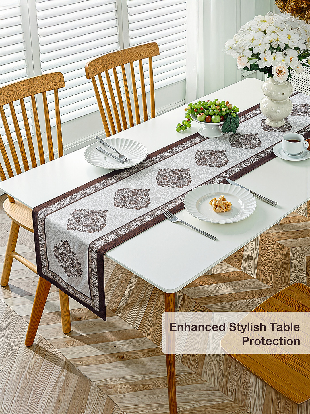 Velvet 13x72 Inch Heavy Table Runner for Home Decor  6 Seater Dining Table Place Mat Elegant Soft FeelMachine Washable  Juliet 1186 - Cream  Brown