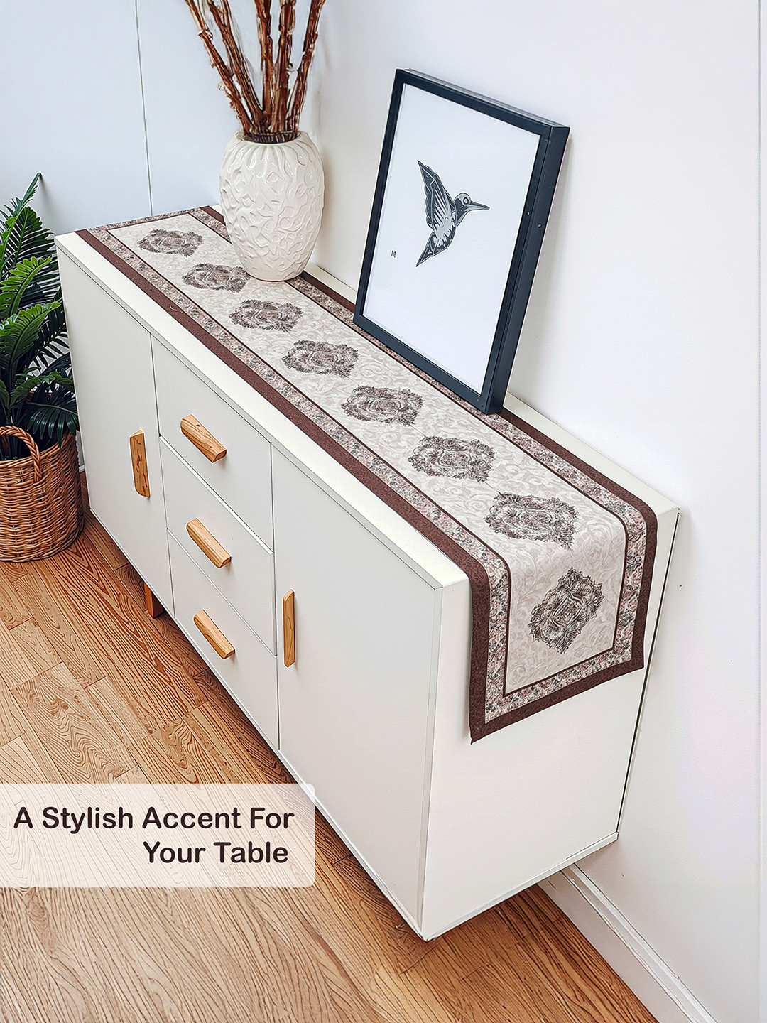 Velvet 13x72 Inch Heavy Table Runner for Home Decor  6 Seater Dining Table Place Mat Elegant Soft FeelMachine Washable  Juliet 1186 - Cream  Brown