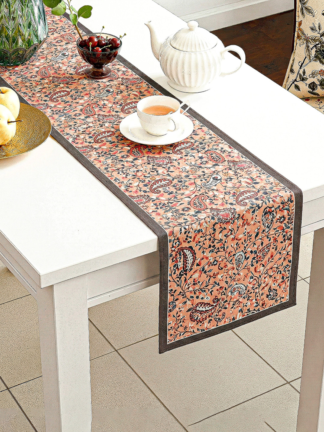 Velvet 13x72 Inch Table Runner for Home Decor  6 Seater Dining Table Place Mat Elegant Soft FeelMachine Washable  Pyramid 1237 - Peach  Green