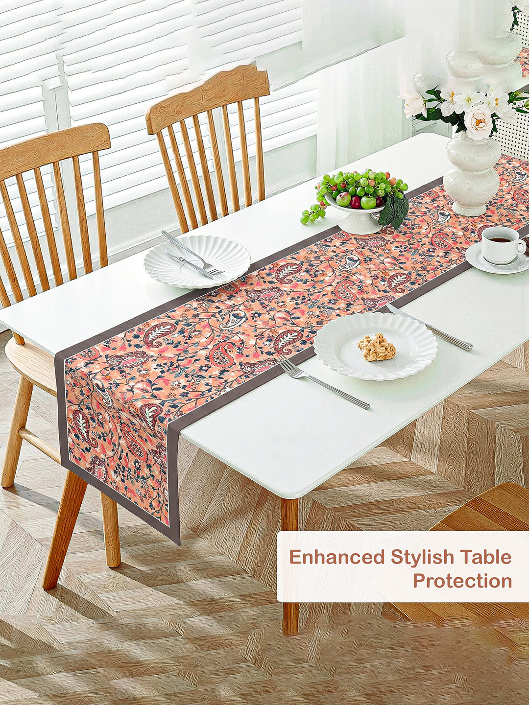 Velvet 13x72 Inch Table Runner for Home Decor  6 Seater Dining Table Place Mat Elegant Soft FeelMachine Washable  Pyramid 1237 - Peach  Green