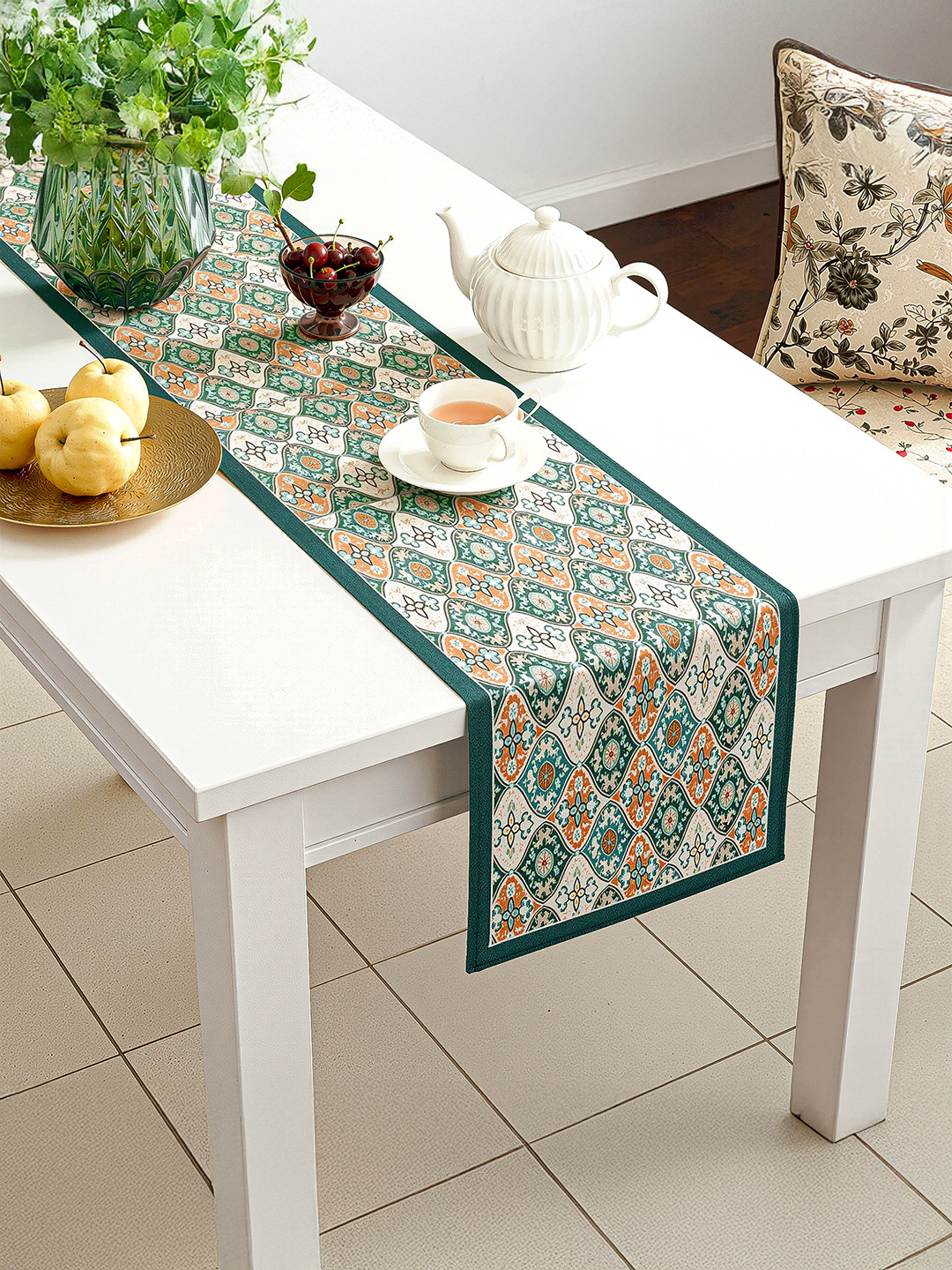 Velvet 13x72 Inch Table Runner for Home Decor  6 Seater Dining Table Place Mat Elegant Soft FeelMachine Washable  Pyramid 1348 - Cream  Green