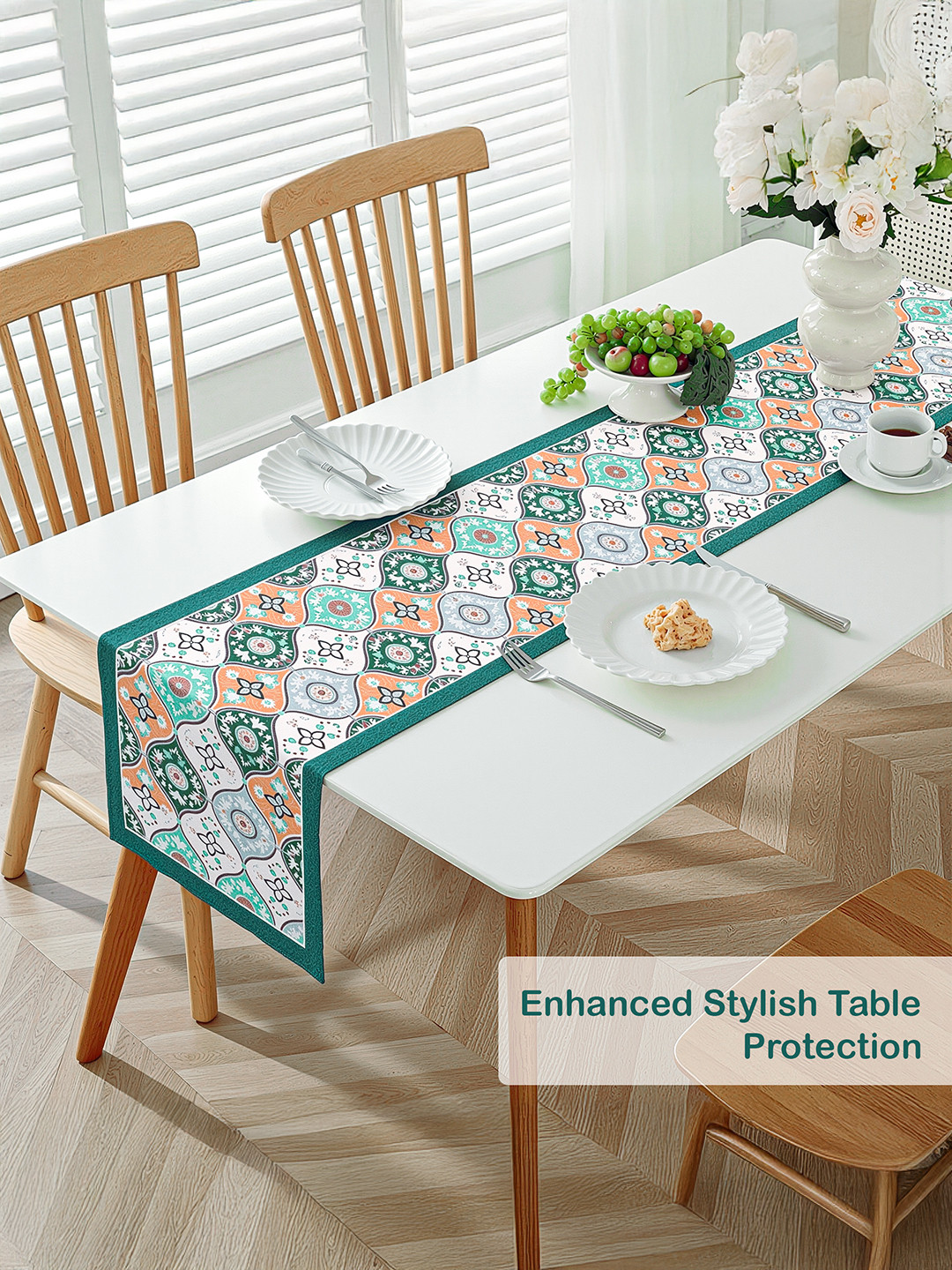 Velvet 13x72 Inch Table Runner for Home Decor  6 Seater Dining Table Place Mat Elegant Soft FeelMachine Washable  Pyramid 1348 - Cream  Green