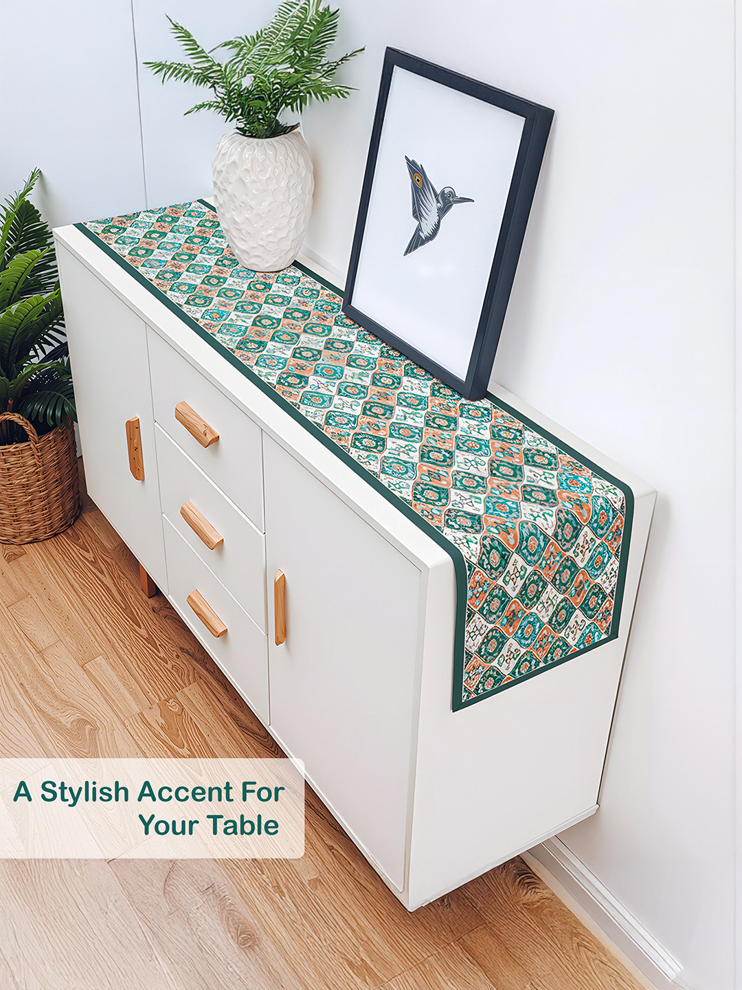 Velvet 13x72 Inch Table Runner for Home Decor  6 Seater Dining Table Place Mat Elegant Soft FeelMachine Washable  Pyramid 1348 - Cream  Green