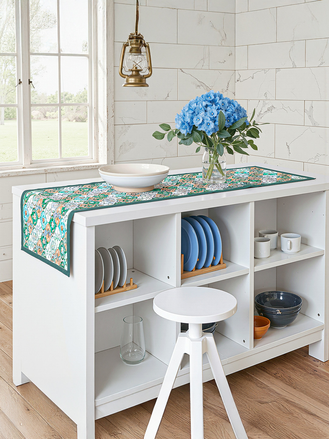 Velvet 13x72 Inch Table Runner for Home Decor  6 Seater Dining Table Place Mat Elegant Soft FeelMachine Washable  Pyramid 1348 - Cream  Green