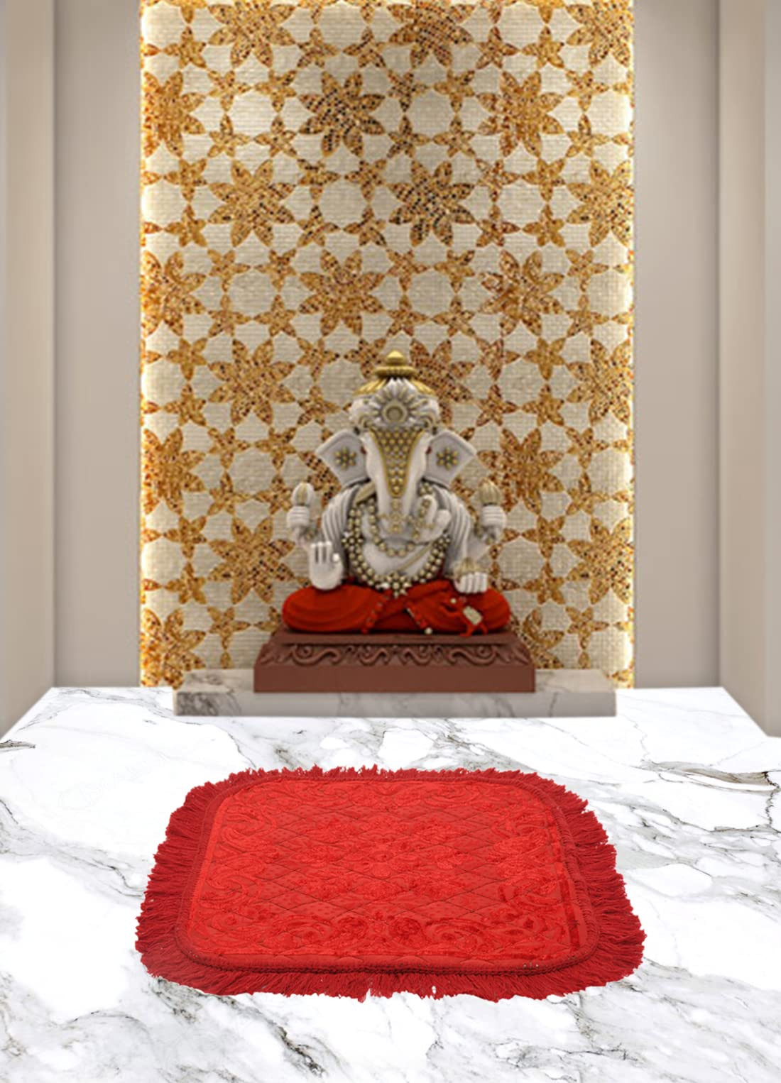 Velvet Flower Print Pooja AasanPrayer AasanMeditation Mat For Home Red 54KM4128