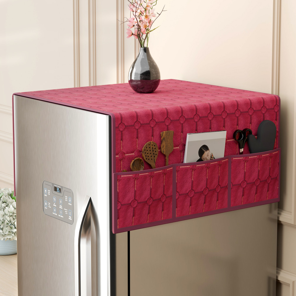 Image of Velvet Top Fridge Protective Cover with Extra Storage Space | Anti-Dust Refrigerator Desktop Sundries with Utility Pockets| Maroon