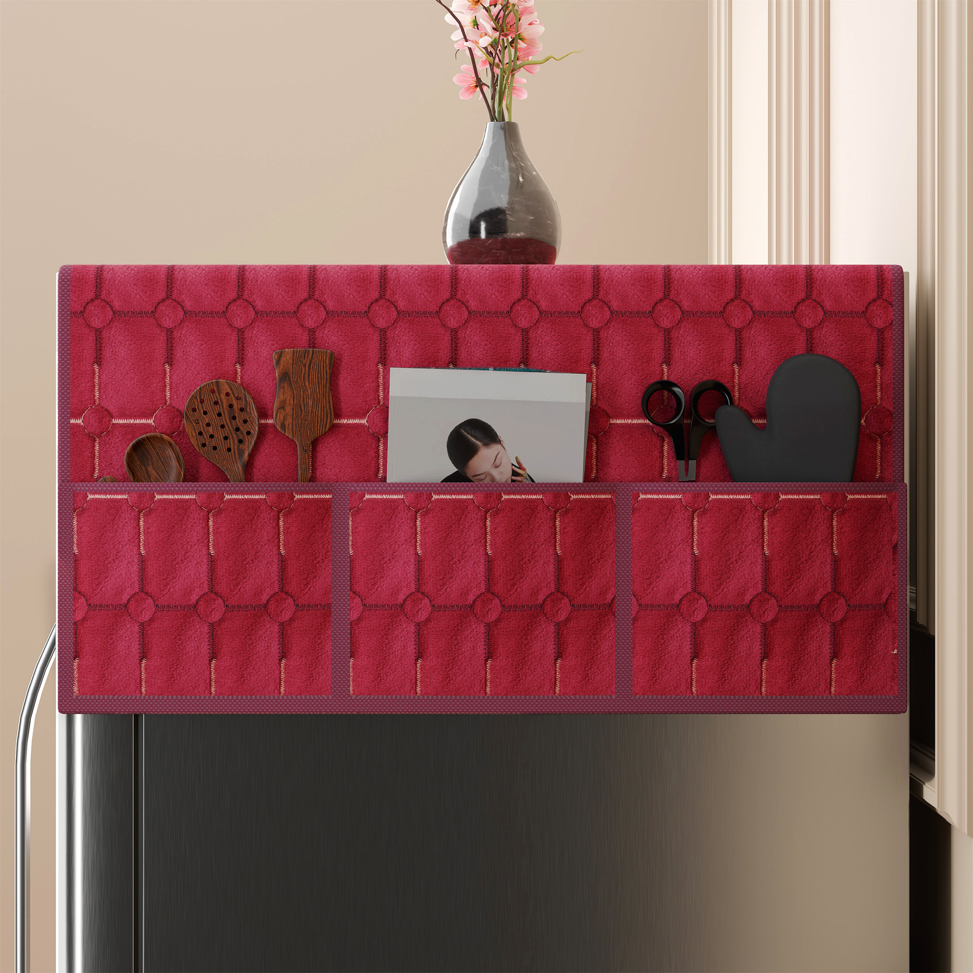 Velvet Top Fridge Protective Cover with Extra Storage Space  Anti-Dust Refrigerator Desktop Sundries with Utility Pockets Maroon