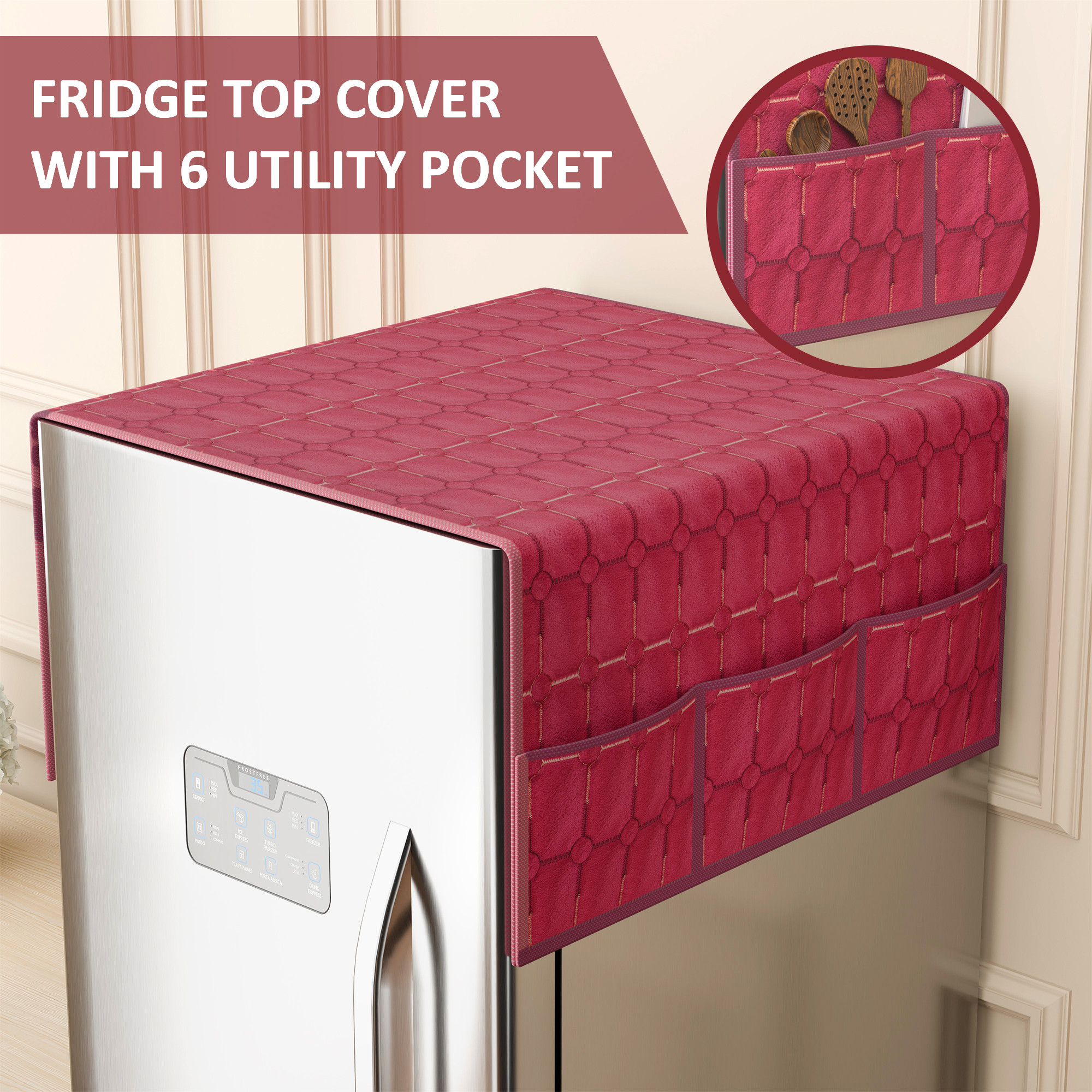 Velvet Top Fridge Protective Cover with Extra Storage Space  Anti-Dust Refrigerator Desktop Sundries with Utility Pockets Maroon