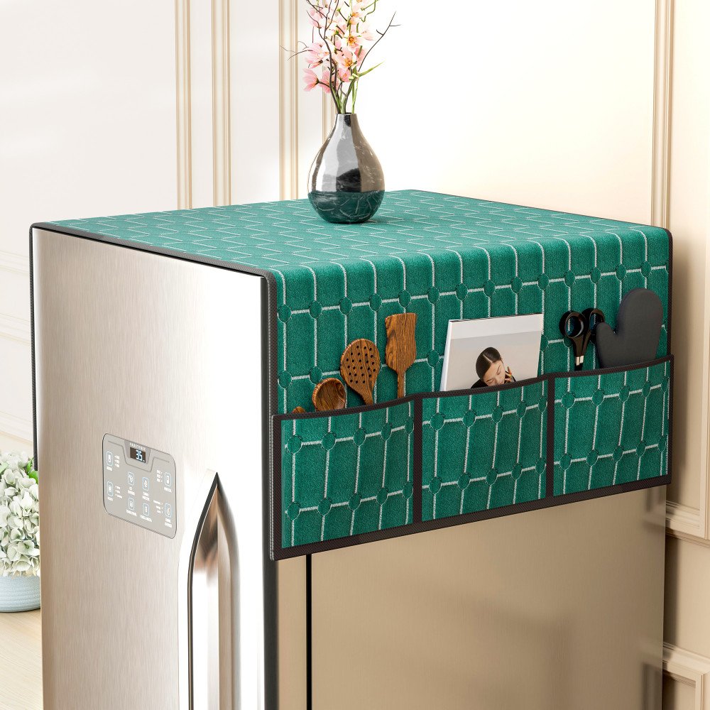 Image of Velvet Top Fridge Protective Cover with Extra Storage Space | Anti-Dust Refrigerator Desktop Sundries with Utility Pockets| Green