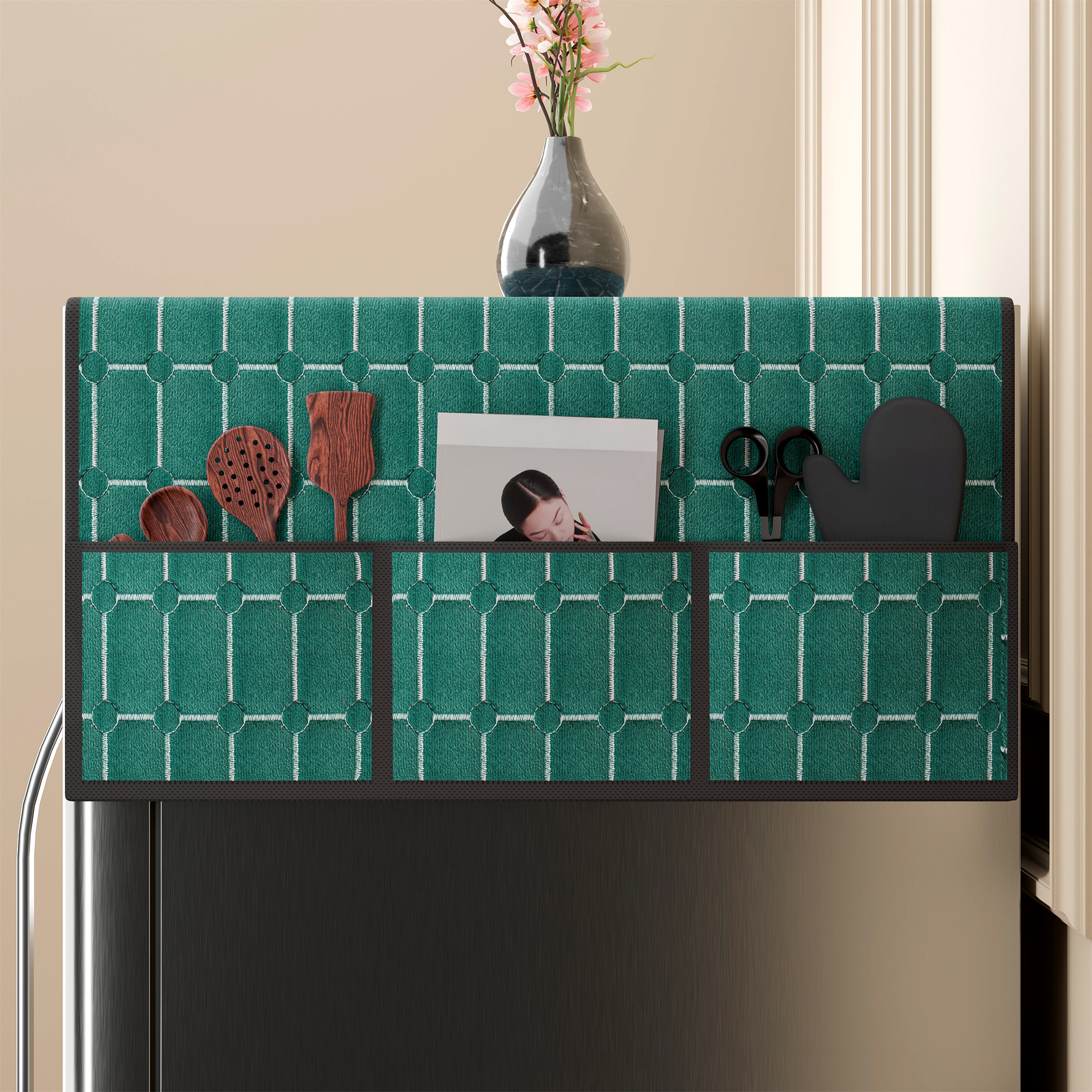 Velvet Top Fridge Protective Cover with Extra Storage Space  Anti-Dust Refrigerator Desktop Sundries with Utility Pockets Green