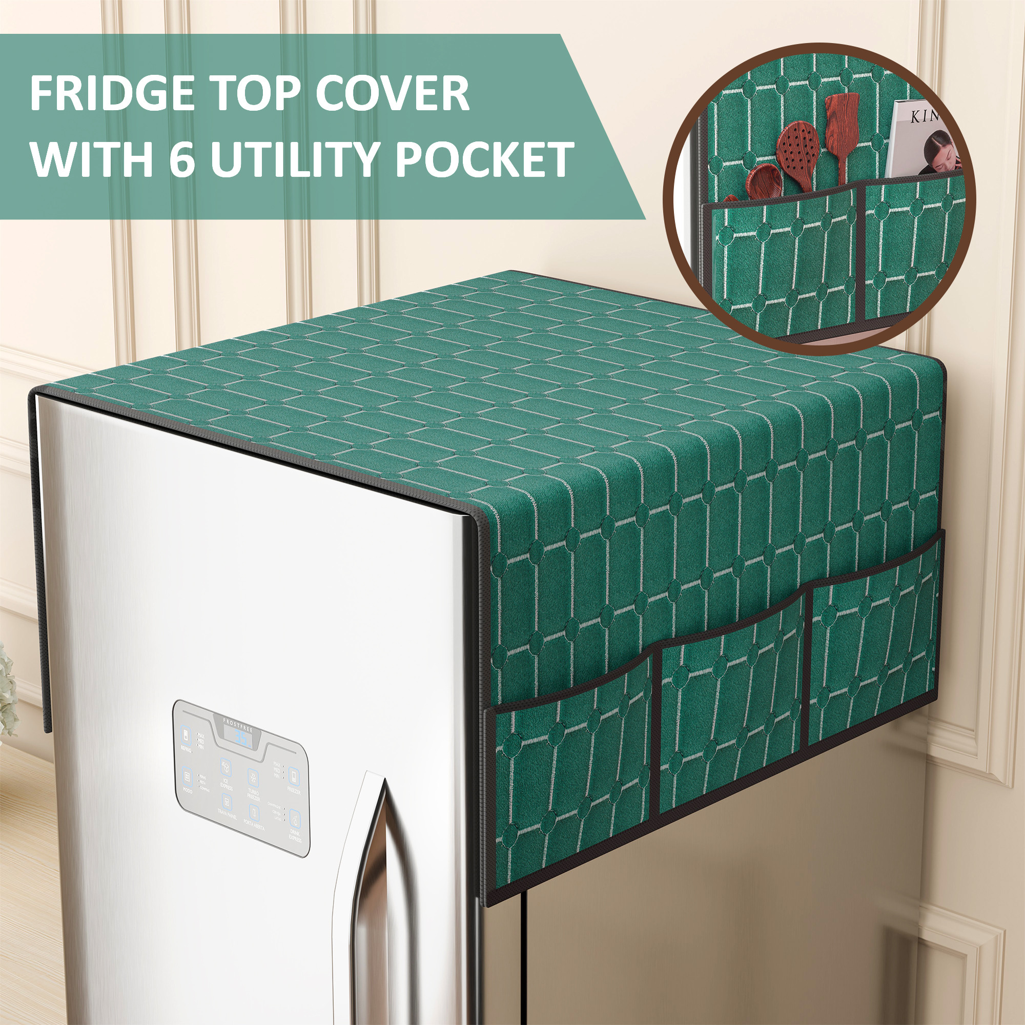 Velvet Top Fridge Protective Cover with Extra Storage Space  Anti-Dust Refrigerator Desktop Sundries with Utility Pockets Green