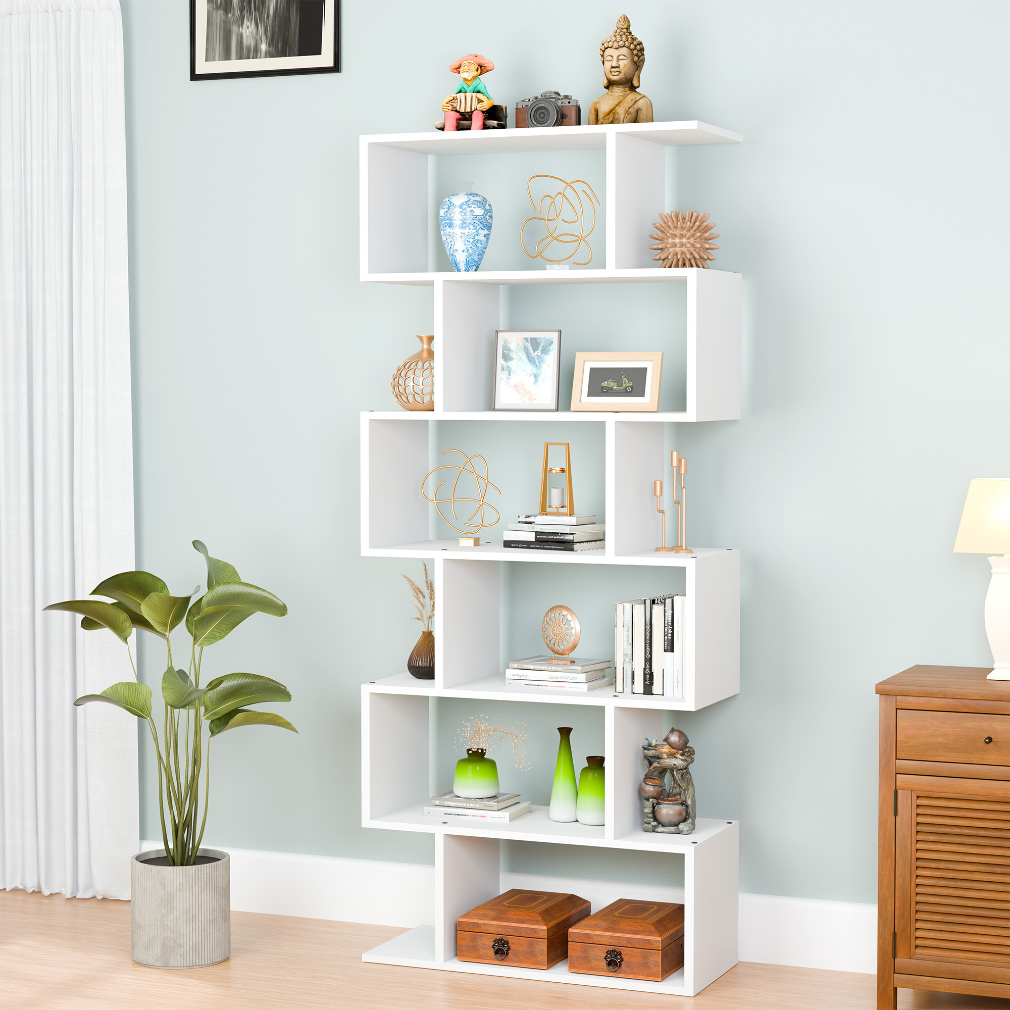 Wooden 6-Layer S-Shaped Forrel Bookshelf  Open Display Rack  Storage Organizer  Ideal for Home Living Room  Office  White