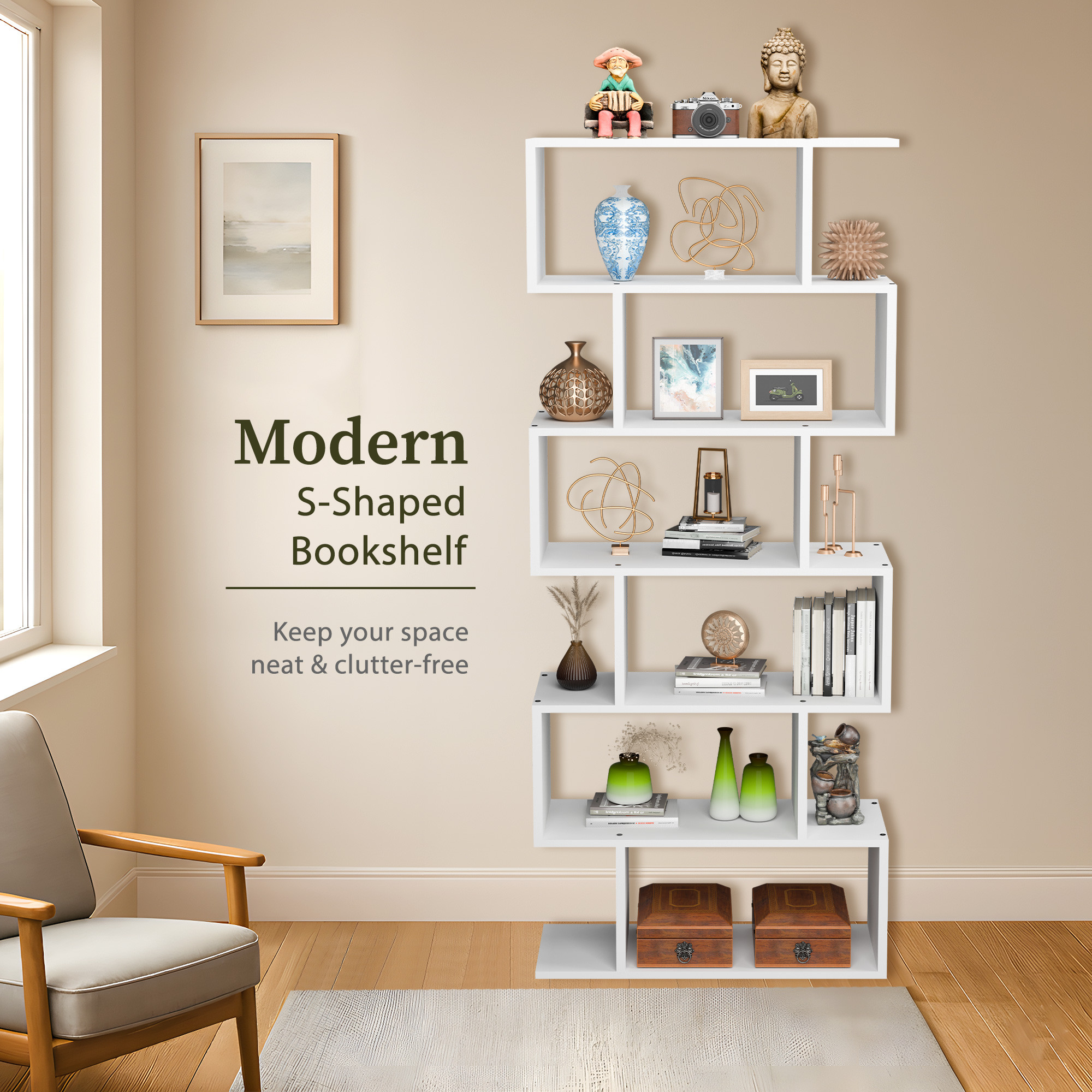 Wooden 6-Layer S-Shaped Forrel Bookshelf  Open Display Rack  Storage Organizer  Ideal for Home Living Room  Office  White