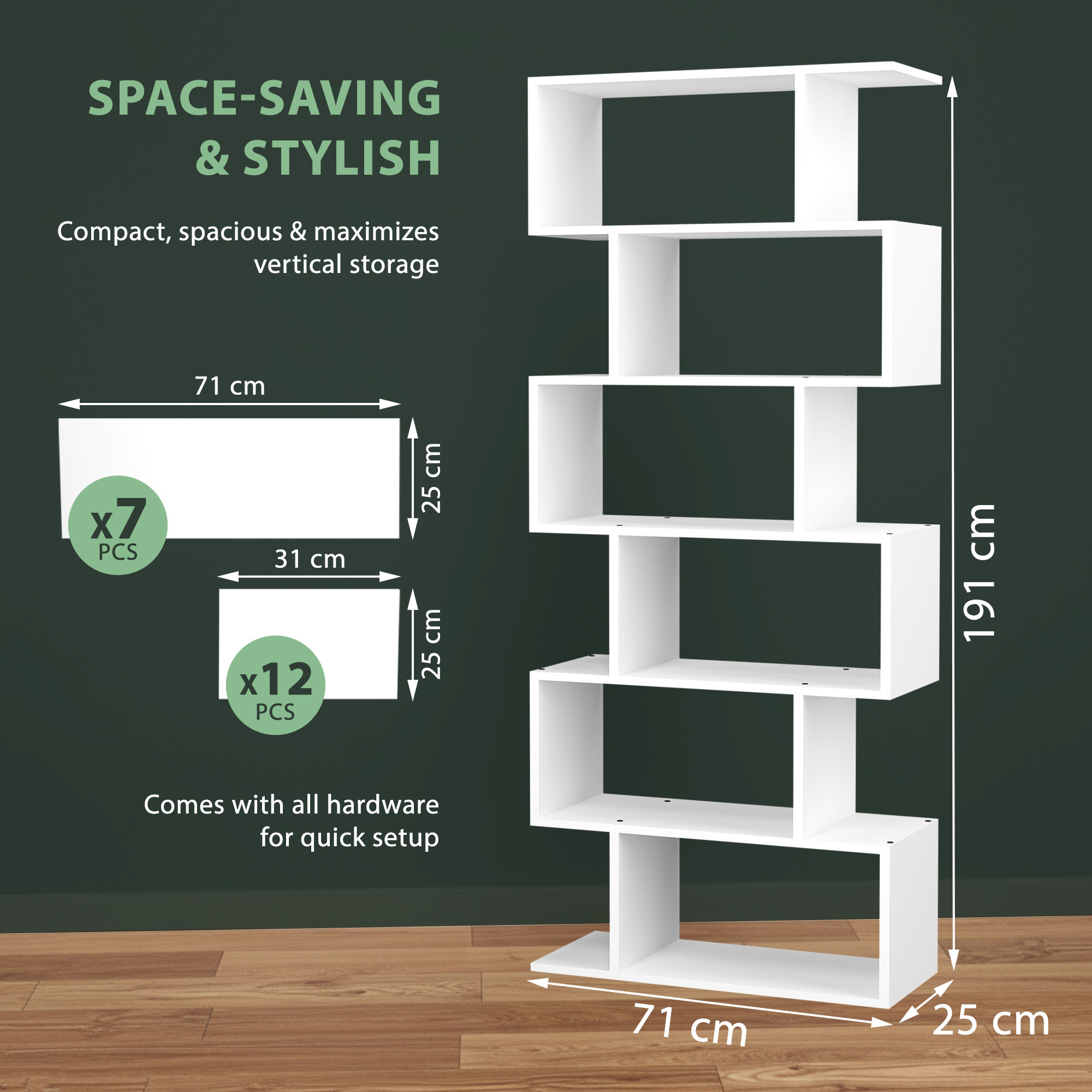 Wooden 6-Layer S-Shaped Forrel Bookshelf  Open Display Rack  Storage Organizer  Ideal for Home Living Room  Office  White