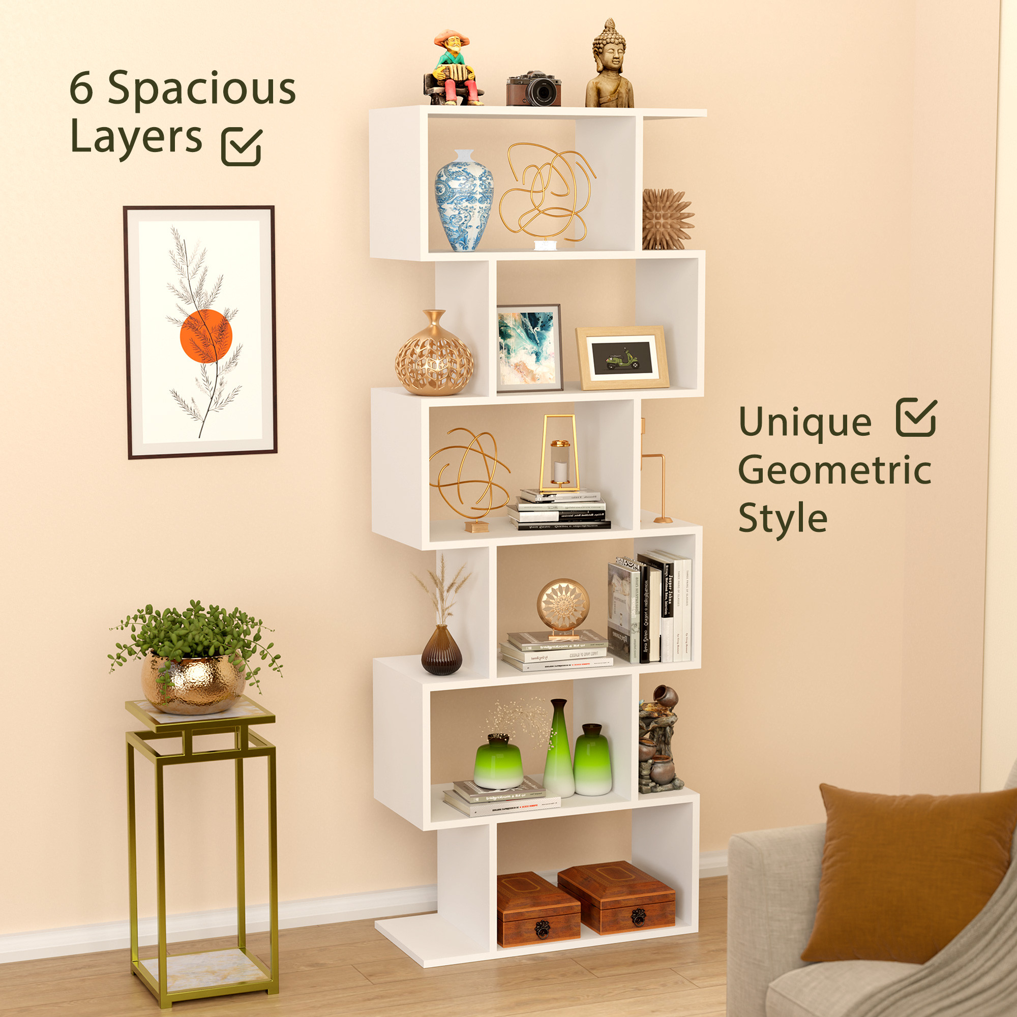 Wooden 6-Layer S-Shaped Forrel Bookshelf  Open Display Rack  Storage Organizer  Ideal for Home Living Room  Office  White