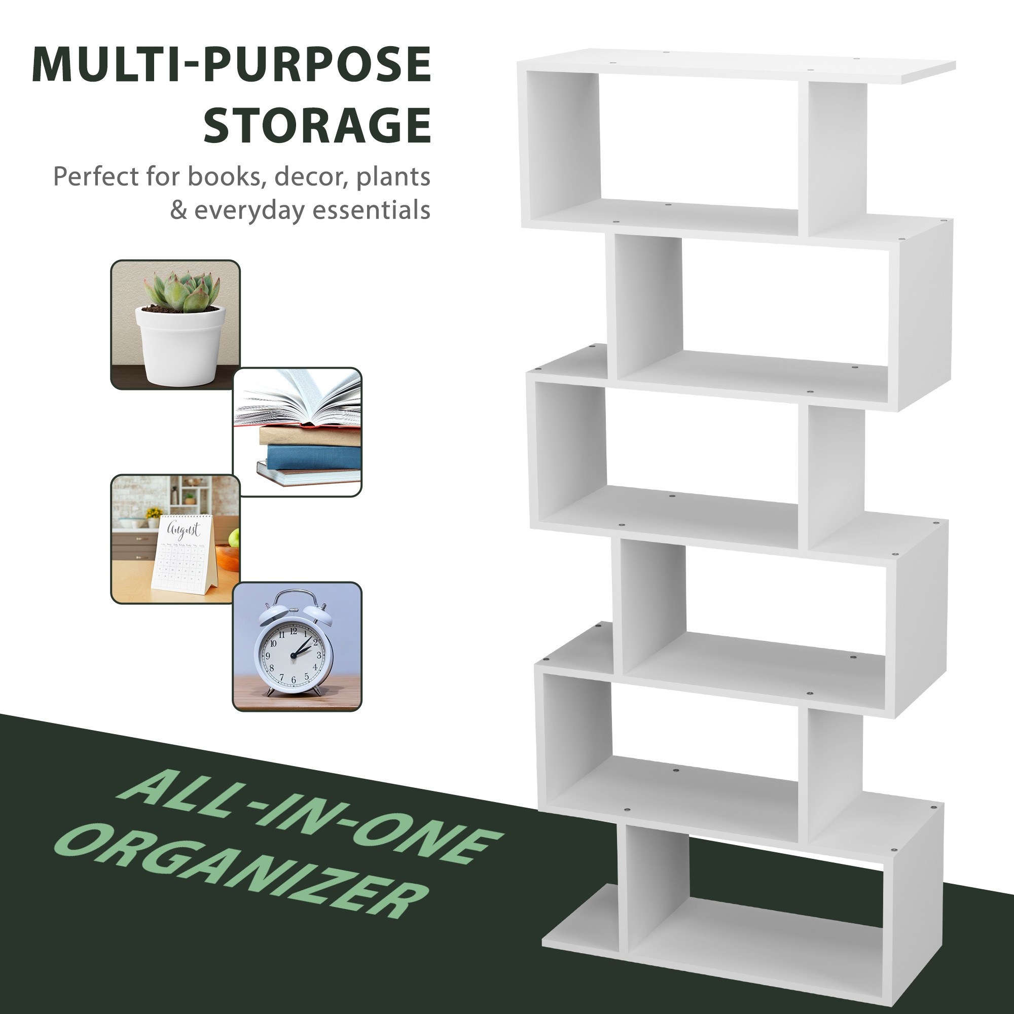 Wooden 6-Layer S-Shaped Forrel Bookshelf  Open Display Rack  Storage Organizer  Ideal for Home Living Room  Office  White