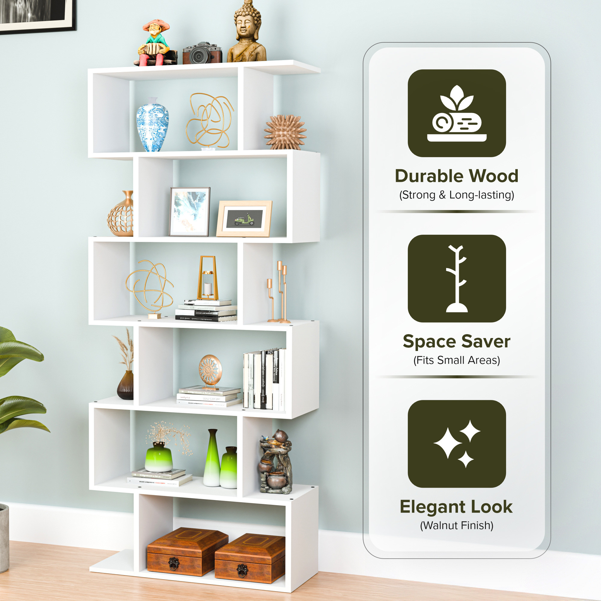 Wooden 6-Layer S-Shaped Forrel Bookshelf  Open Display Rack  Storage Organizer  Ideal for Home Living Room  Office  White